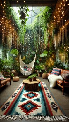 a room with plants and lights hanging from the ceiling, including a hammock