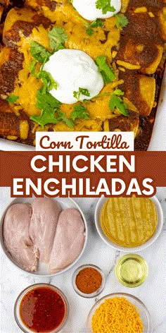 corn tortilla chicken enchiladas with salsa and sour cream on top