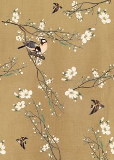 birds are sitting on the branch of a tree in front of white flowers and brown background