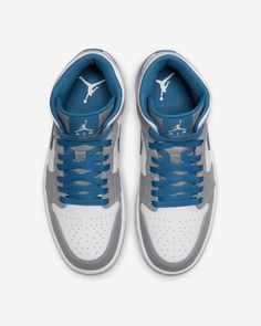 Nike Air Jordan 1 Mid Men's True Blue Gray White SIZE 17 Blue Jordans, Nike Air Jordan 1 Mid, Nike Air Jordan 1, Air Jordan Shoes, Air Jordan 1 Mid, Jordan 1 Mid, True Blue, Blue Accents, Air Jordan 1