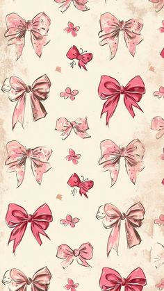 a bunch of pink bows are on a white background with red and black ink drawings