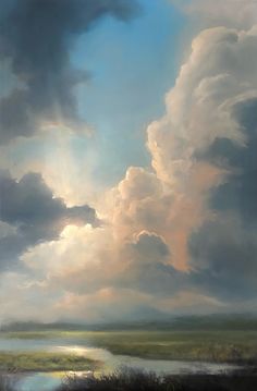 an oil painting of clouds over a body of water