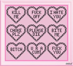 cross stitch pattern with hearts that say i love you