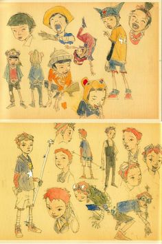 two pictures of children's drawings, one in color and the other in pencil