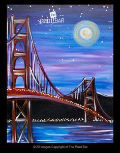 an acrylic painting of the golden gate bridge in san francisco, california at night