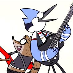 a cartoon character playing an electric guitar on top of a dog with a hat and backpack