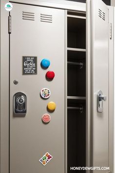 a metal locker with several magnets on it