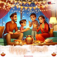 a family celebrating diwali with lights on the ceiling