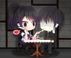 two anime characters sitting at a table eating cake