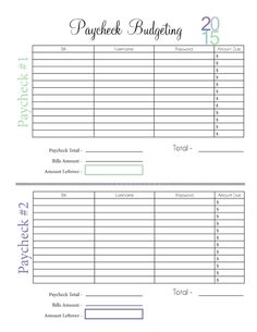 the printable budget sheet is shown in two different colors and sizes, including one for each