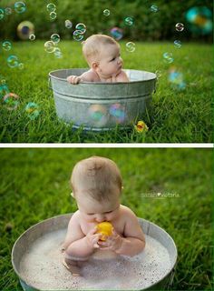 two pictures of a baby in a tub with soap bubbles floating over it and another photo of the same child