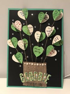 a handmade card with hearts and the word hope written on it in green, white, and black