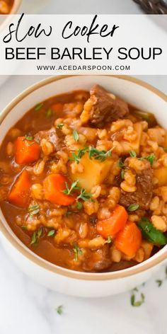 beef barley soup with carrots and parsley in a white bowl on a marble surface