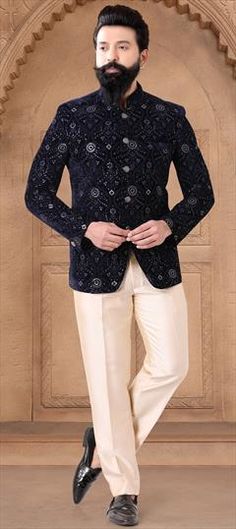 Blue color Jodhpuri Suit in Velvet fabric with Embroidered, Sequence, Thread work Fitted Blue Nehru Jacket With Chikankari Embroidery, Blue Unstitched Suit For Formal Occasions, Unstitched Blue Suit For Formal Occasions, Formal Blue Unstitched Nehru Jacket, Blue Embroidered Unstitched Suit For Formal Occasions, Embroidered Blue Unstitched Suit For Formal Occasions, Blue Unstitched Nehru Jacket For Formal Occasions, Blue Embroidered Unstitched Suit For Formal, Formal Blue Bandhgala With Zari Work