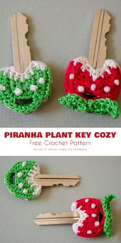 crocheted key fobs made to look like strawberrys with green leaves and white dots