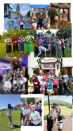 collage of people dressed up in costumes and golf attire, posing for pictures with their golf clubs