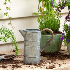 a watering can sitting on top of a wooden table next to potted plants and gardening tools