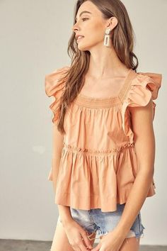 Lovely Apricot Top - Ruffled Sleeve Top - Flowy Top | Boho Pink Nails Jewelry, Ruffled Tops, Girly Tops, Oversized Clothing, Short Sleeve Summer Dresses, Oversized Outfit, Beautiful Weather, Flowy Top