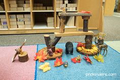 an assortment of wooden toys on a rug in a room filled with bookshelves