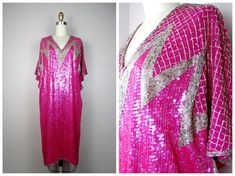 "This is a STUNNING vintage dress by Halston. It's fully embellished with sequins and glass beading in an amazing avant garde design. It's in perfect condition! ‣ Measurements ‣ Bust - 56\" Waist - 42\" Hips - 42\" Dress Length - 42\" Tag Size - 8 (please refer to measurements) ‣ This dress comes from a pet-free and smoke-free home. ‣ If you would like more info or have any questions, please don't hesitate to ask!" Beaded Dresses, Dolman Dress, Iridescent Dress, Pink Sequin Dress, Sheer Wedding Dress, Hot Pink Dress, Art Deco Dress, 1970s Dresses, Gown Photos