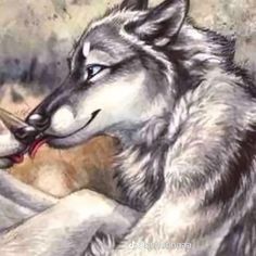 a drawing of a wolf with his mouth open and tongue hanging out to the side