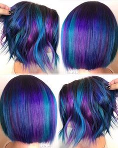 Colorful Shoulder Length Hair, Nebula Hair Color, Magenta And Purple Hair Color Combos, Short Galaxy Hair, Short Hair Colors For Women, Artistic Hair Color, Blue And Purple Balayage, Vibrant Hair Color Ideas Brunettes, Short Vibrant Hair