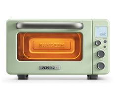 an oven with the door open and light on it's side, sitting in front of a white background