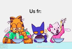 an image of cats eating food with the words us f r on top of it