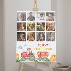 a wooden easel holding a photo collage of children's first year pictures