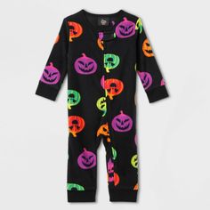 Dress up baby in cute style for Halloween in this Halloween Pumpkin Fleece One-Piece Pajamas from Hyde & EEK! Boutique™. Made from lightweight fleece fabric, the long-sleeve one-piece pajamas help keep them snug and comfortable all night. Best of all, it's designed with a front full-length zipper for comfortable dressing, while a chin snap tab protects their chin from scratches. Designed in a black hue, it features allover jack-o'-lantern graphics in purple, green and orange hues for cute Hallow Baby Halloween Ghost, Baby Halloween Pumpkin, Light Grey Leggings, Target Halloween, Halloween Pajamas, Orange Hues, Matching Family Pajamas, One Piece Pajamas, Baby In Pumpkin