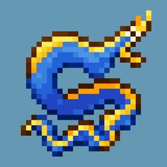 an image of a blue and yellow object in pixel style on a light blue background