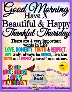 a poster with the words good morning have a beautiful and happy thursday on it