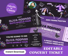 the editable concert ticket is shown with photos and text