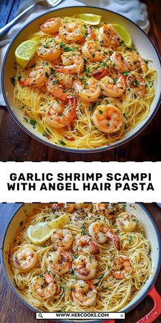 two pictures of shrimp and pasta in a pan with lemon wedges on the side