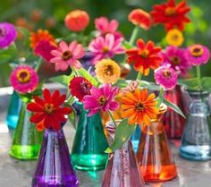 there are many different colored vases with flowers in them