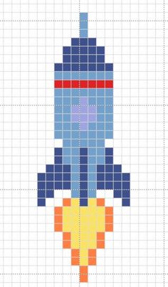 a cross stitch pattern with an image of a rocket ship in blue, yellow and red