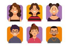 six people with different facial expressions are shown in this flat design style, all smiling and looking at the camera