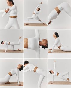 a woman in white doing yoga poses