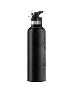 a black and silver water bottle on a white background