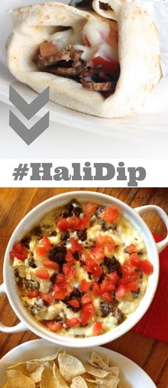 two plates with food on them and the words haldip above it