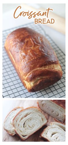 a loaf of bread sitting on top of a cooling rack next to a sliced loaf of bread