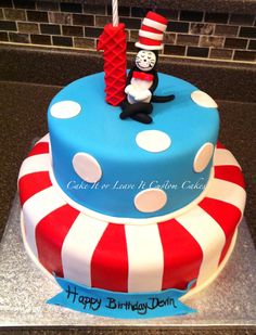 a birthday cake with a cat in the hat on top