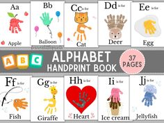 the alphabet handprint book with pictures of different animals and letters on it's sides