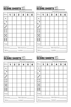 four score sheets with numbers and times to print out for each player in the game