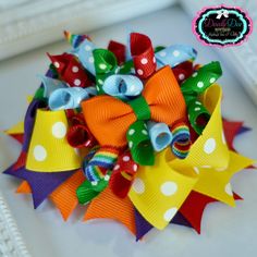 Rainbow Bright Boutique Bow  Mini OTT Hairbow by DeedleDeeBowtique, $8.95 Bow Inspiration, Rainbow Bright, Head Bands, Rainbow Hair, Pretty Hairstyles, Fabric Flowers, Hair Bows