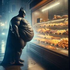 a man dressed as batman standing in front of a display case filled with donuts