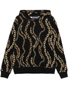 black/gold-tone cotton jersey texture Chain Couture print drawstring hood drop shoulder long sleeves ribbed cuffs and hem Luxury Sweatshirt With Drawstring Hood, Luxury Hoodie Sweatshirt, Luxury Long Sleeve Hoodie With Ribbed Cuffs, Luxury Long Sleeve Hoodie For Fall, Gold Long Sleeve Sweatshirt For Winter, Gold Long Sleeve Sweatshirt For Fall, Versace Jeans Couture, Printed Drawstring, Versace Jeans