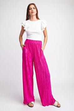 Hot Pink Pleated Straight Leg Pants Stretch High-waisted Parachute Pants For Spring, Spring Full-length Parachute Pants With Elastic Waistband, Pink Fitted Wide-leg Parachute Pants, Spring Stretch Straight Parachute Pants, Spring Fitted Wide Leg Parachute Pants, Fitted Wide Leg Parachute Pants For Spring, Fitted Wide-leg Parachute Pants For Spring, Plisse Pants, Casual Shorts Men