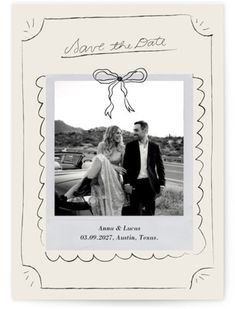 a wedding card with the words save the date on it and an image of a man and