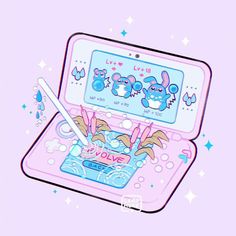 a pink laptop with some stickers on it's screen and writing in the keyboard